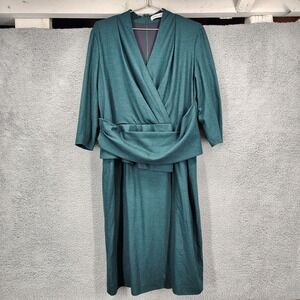The Fold‎ London Teal Green Virgin Wool Draped Waist Midi Dress US 12 UK 16